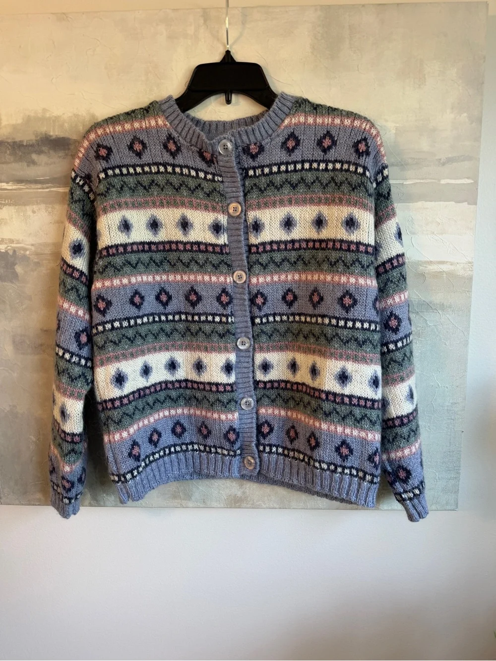 L.L.Bean Fair Isle Wool Blend Cardigan Sweater Lavender Nordic Cottagecore Y2K M